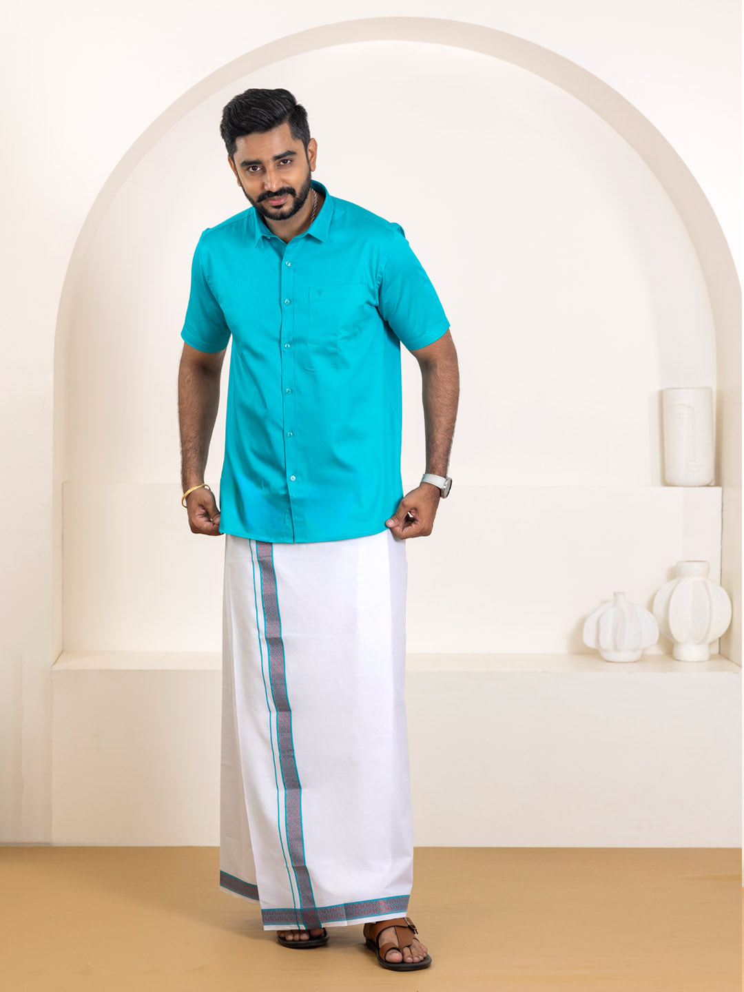 Men 100% Cotton Jungle Green Shirt and Fancy Border Dhoti Set BT11