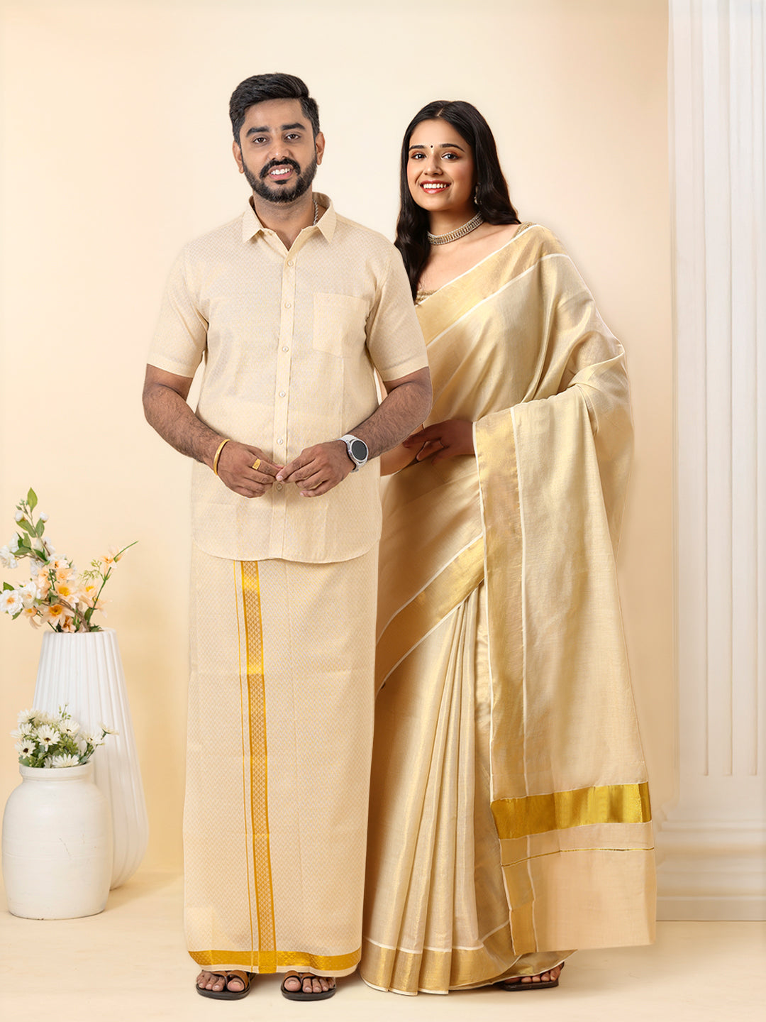 Couple Combo Shirt & Dhoti Set with Saree Gold KS219
