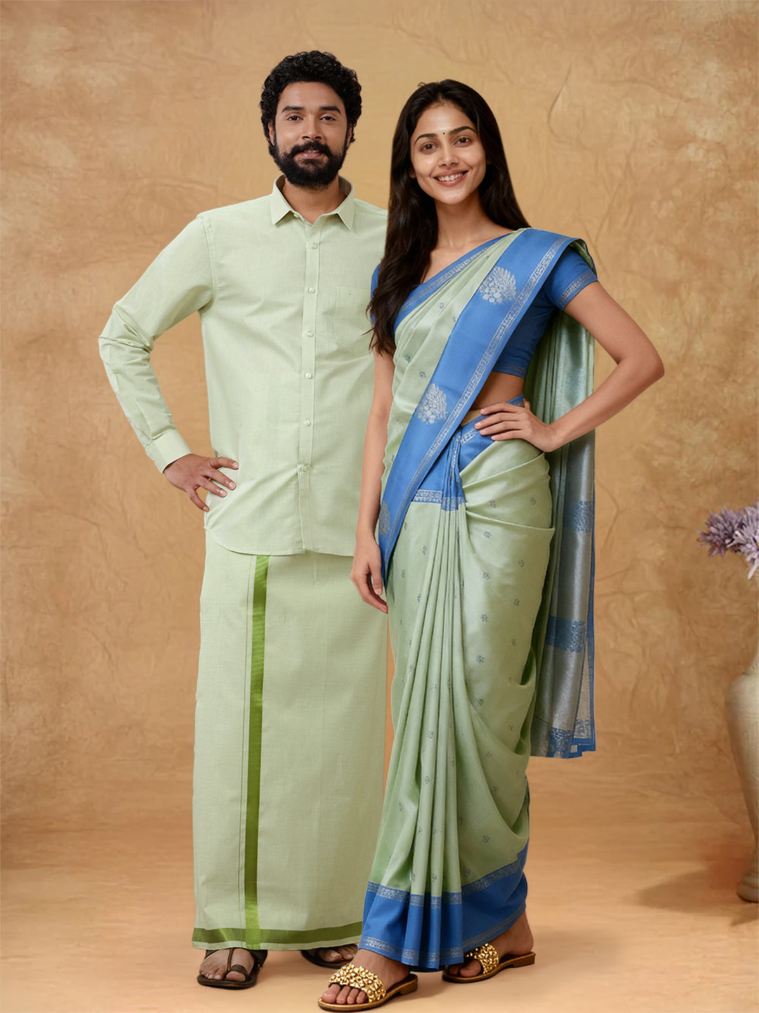 Couple Combo Shirt & Dhoti Set with Saree Green