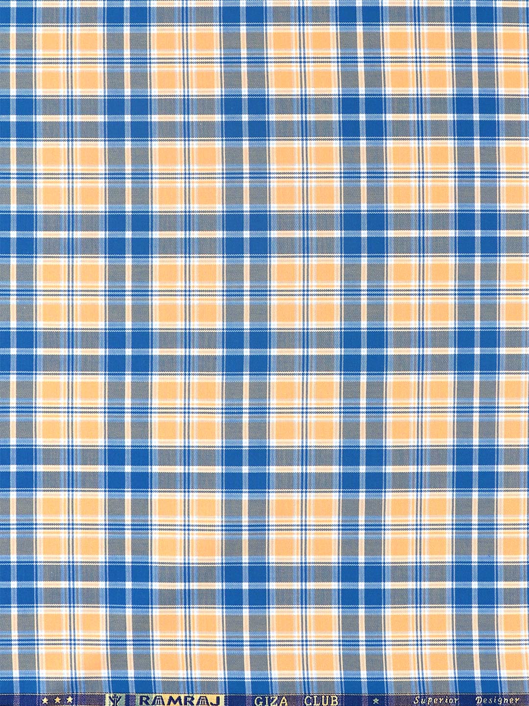 Men Giza Cotton Blend Checked Shirt Fabric Blue with Orange Cascade