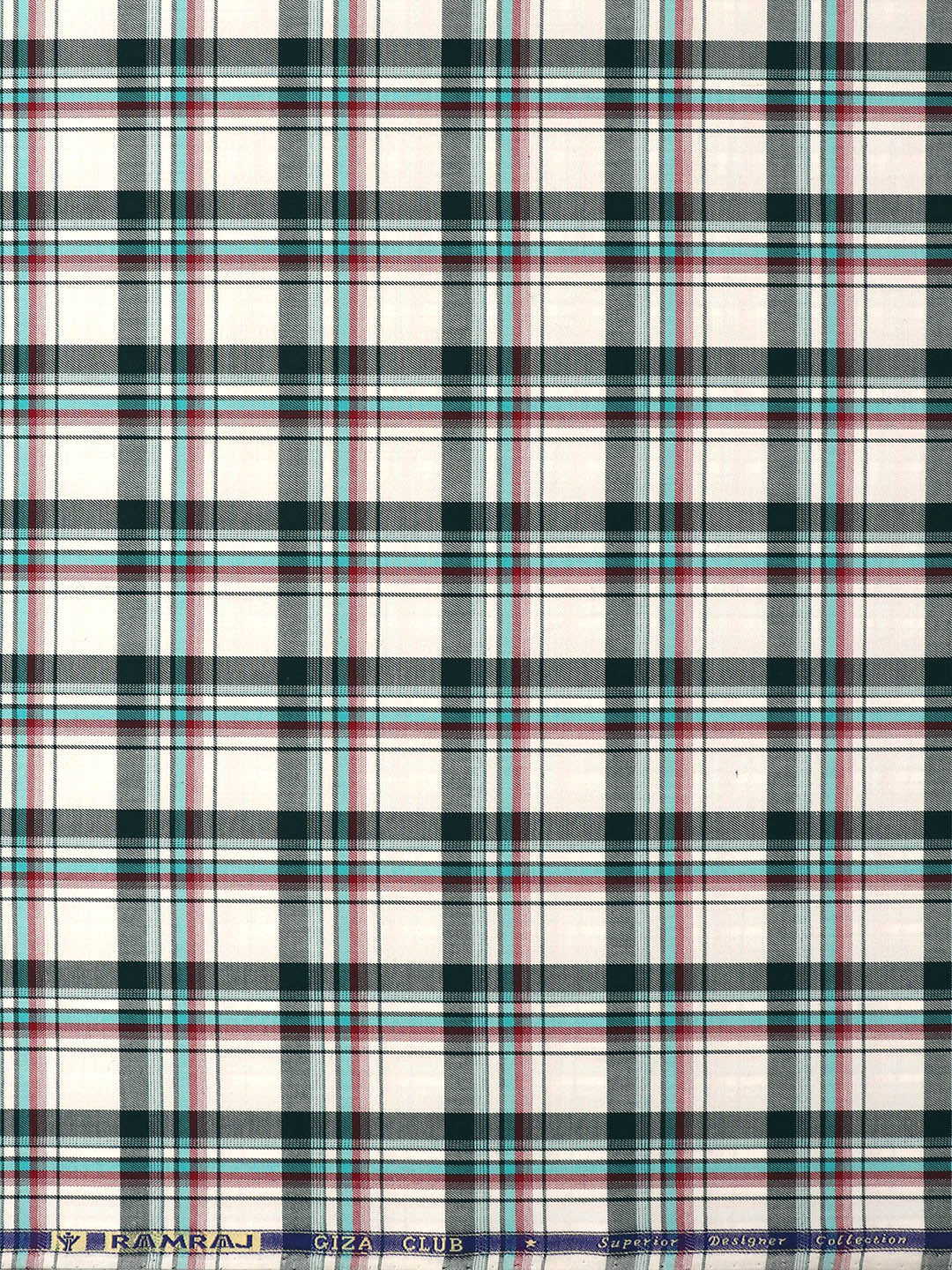 Men Giza Cotton Blend Checked Shirt Fabric White with Green Cascade