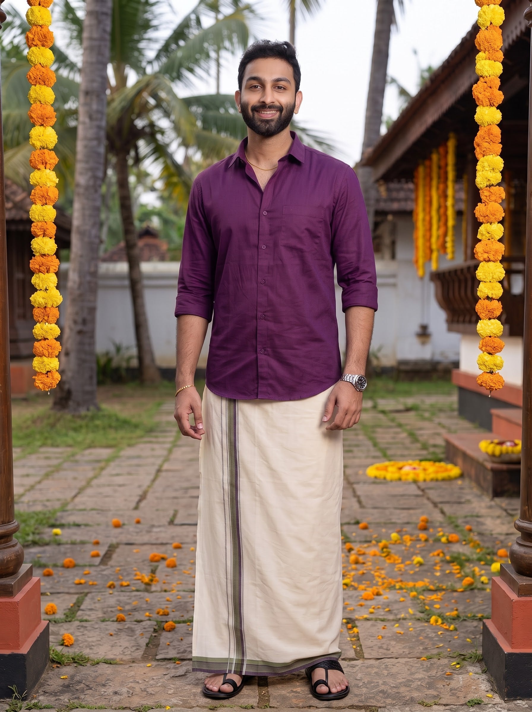 Double Layer Supima Cotton Cream Kora Dhoti with Colour Border - LC35