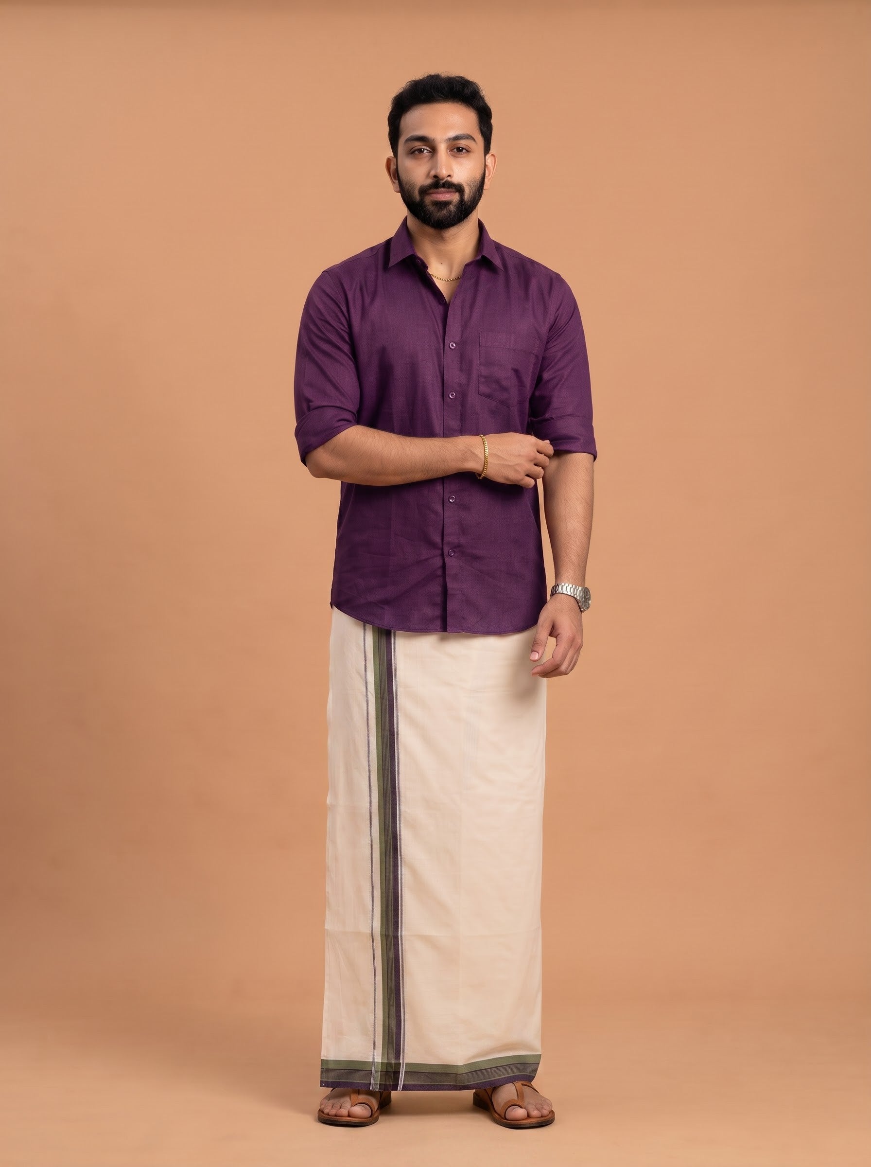 Double Layer Supima Cotton Cream Kora Dhoti with Colour Border - LC35