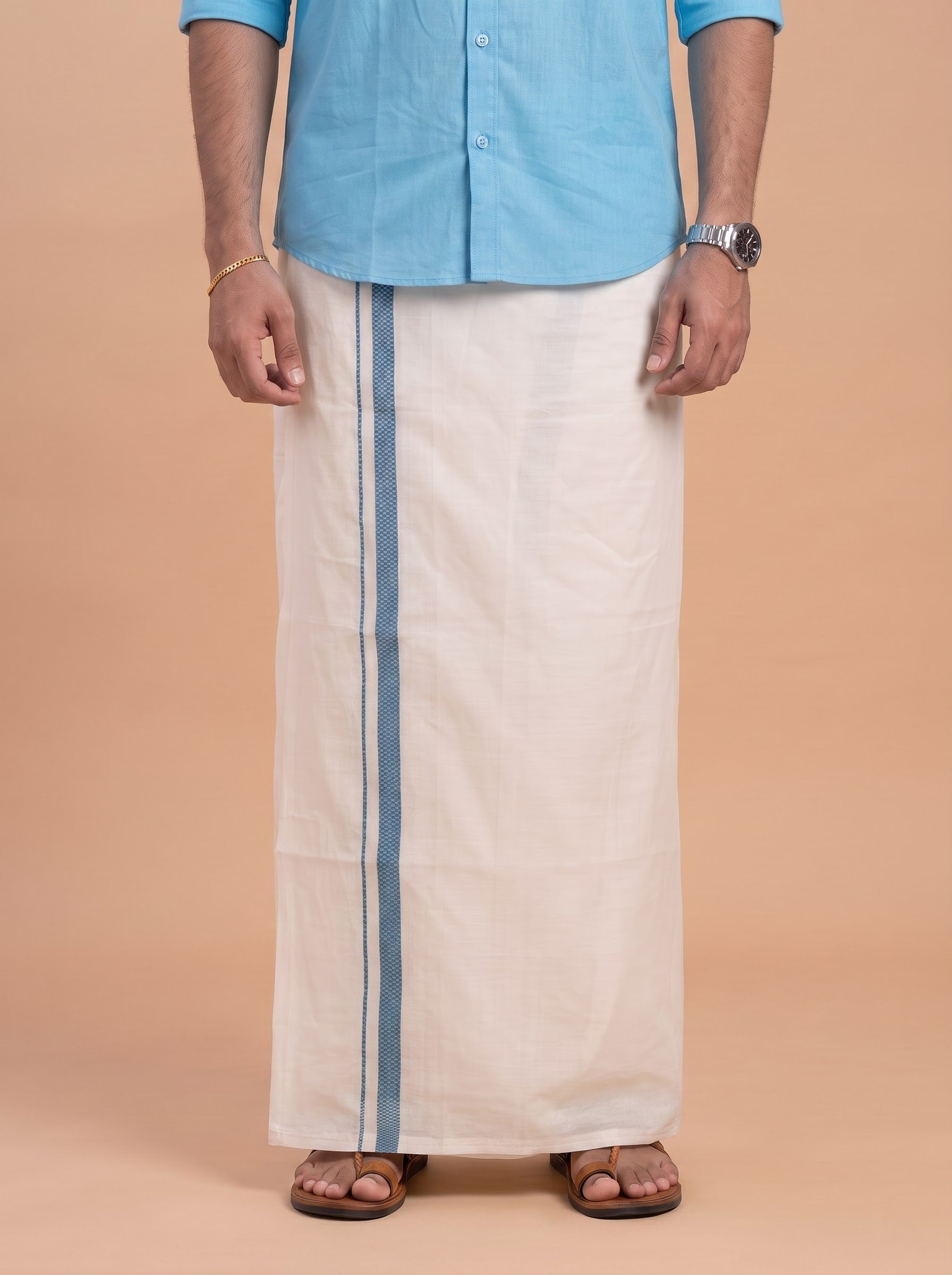 Double Layer 100% Cotton Cream Kora Dhoti with Colour Border - MK02