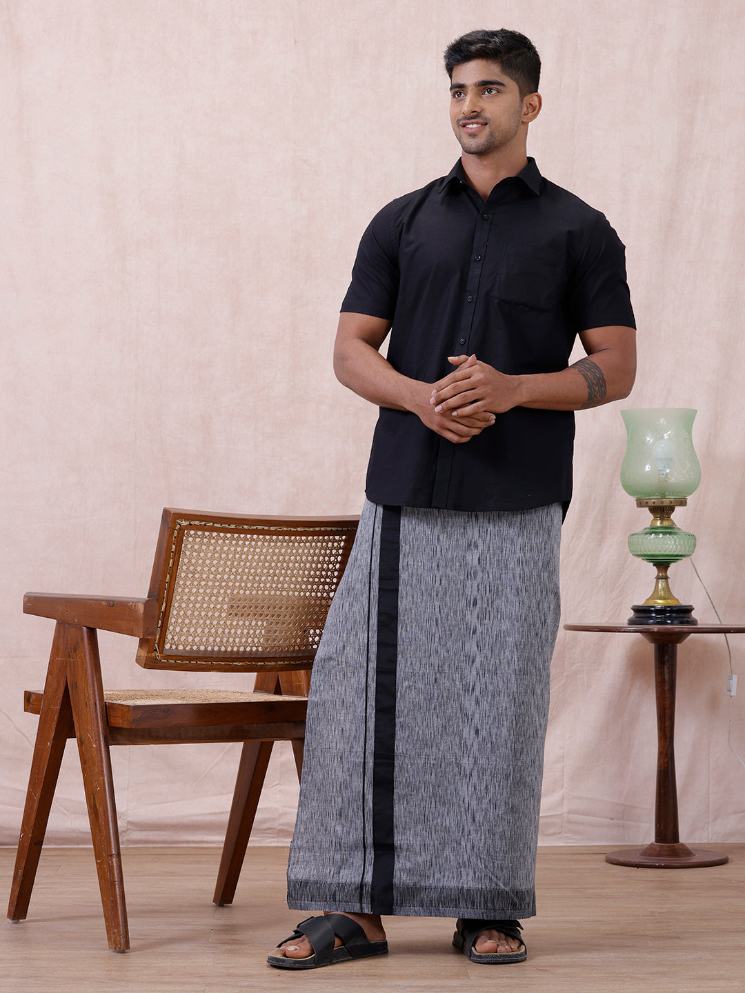 Men Cotton Blend Single Layer Grey Dhoti with Fancy Border Nitro Slub 02