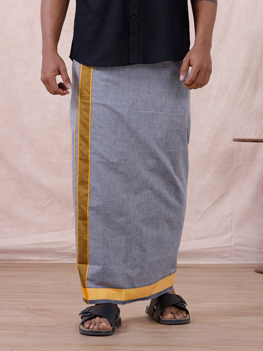 Men Cotton Blend Single Layer Grey Dhoti with Fancy Border Nitro Plain 03