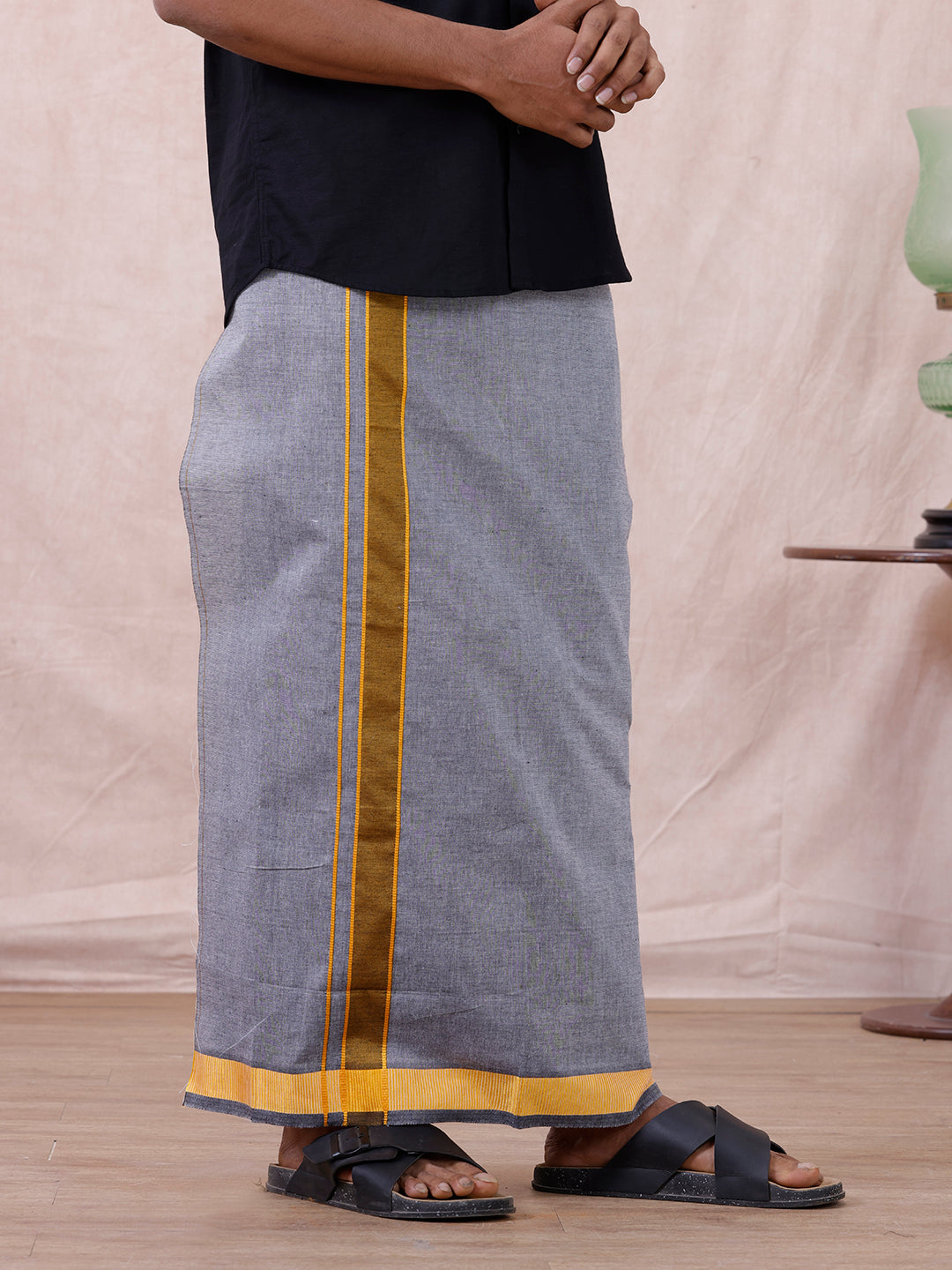 Men Cotton Blend Single Layer Grey Dhoti with Fancy Border Nitro Plain 03