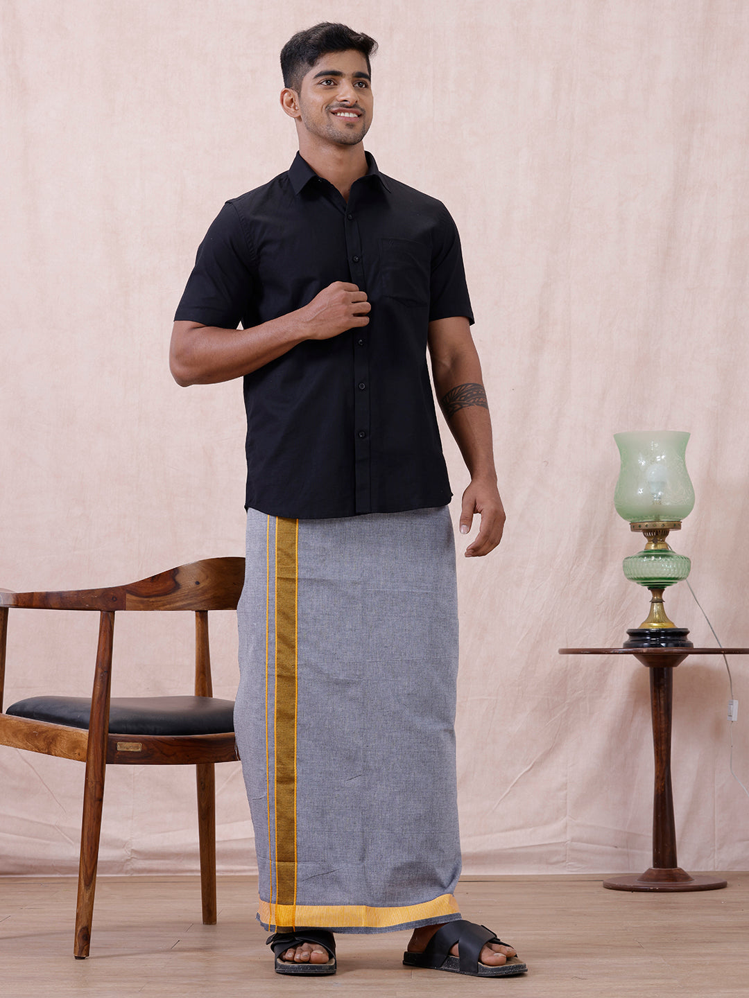 Men Cotton Blend Single Layer Grey Dhoti with Fancy Border Nitro Plain 03