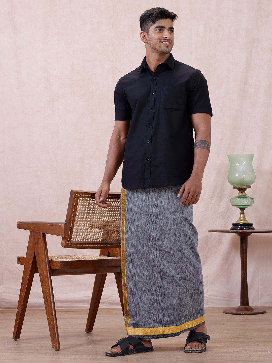 Men Cotton Blend Single Layer Grey Dhoti with Fancy Border Nitro Slub 03