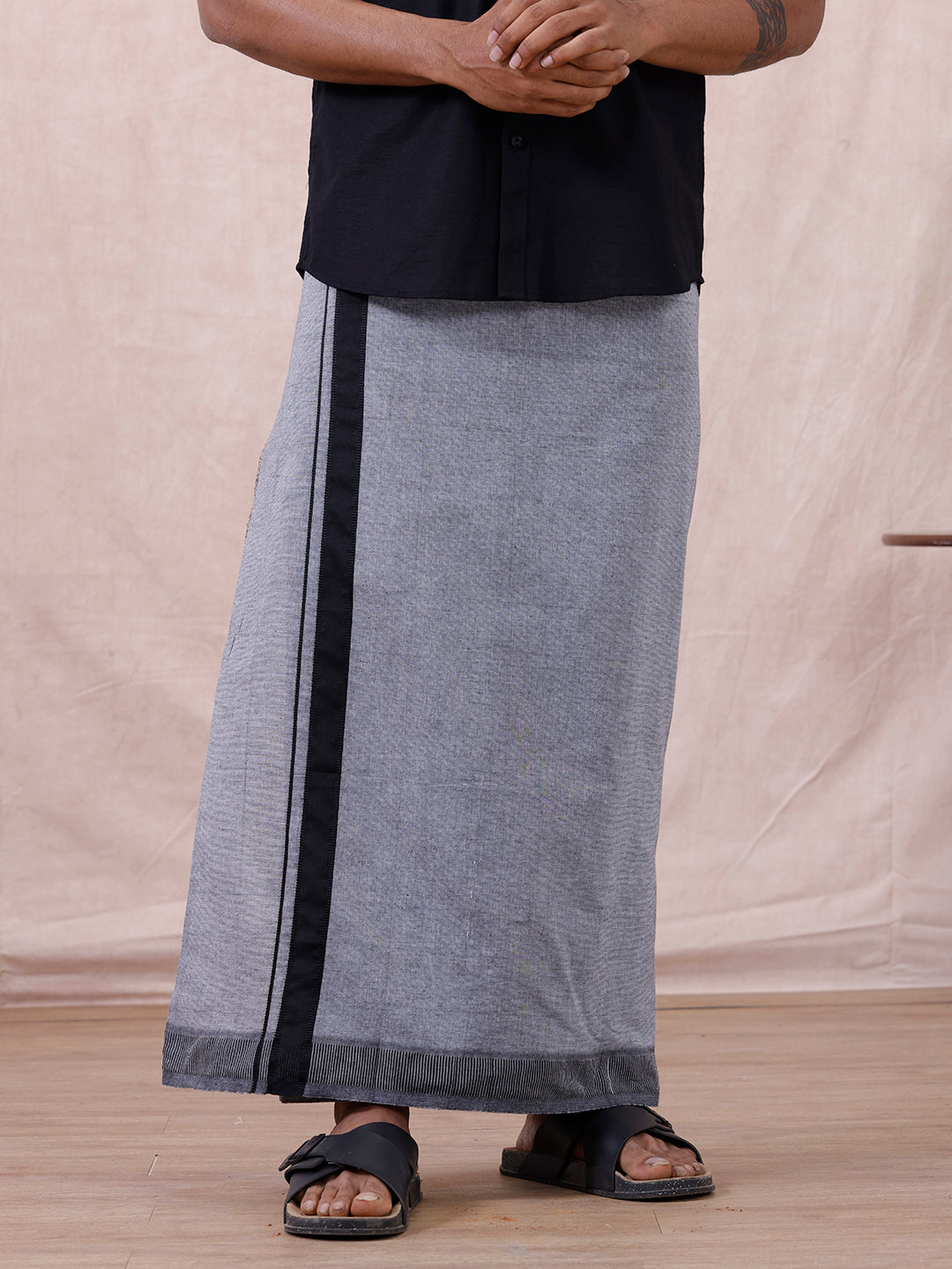 Men Cotton Blend Single Layer Grey Dhoti with Fancy Border Nitro Plain 02
