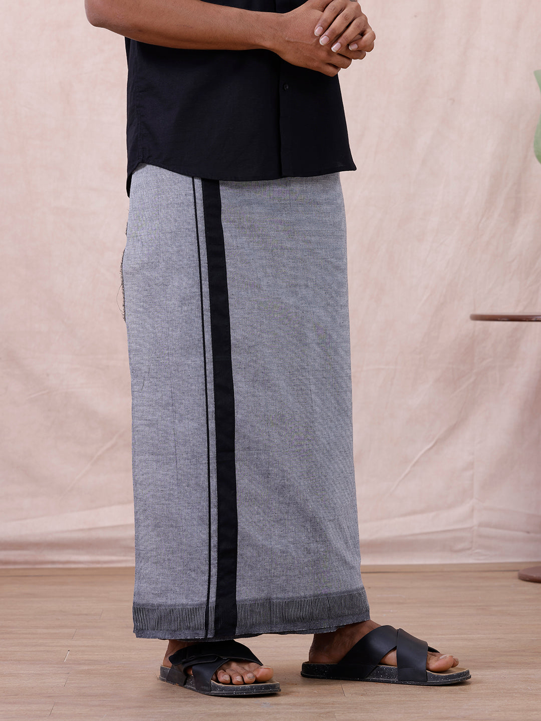 Men Cotton Blend Single Layer Grey Dhoti with Fancy Border Nitro Plain 02