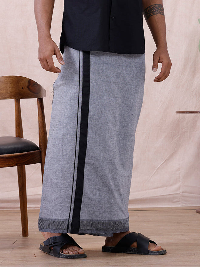Men Cotton Blend Single Layer Grey Dhoti with Fancy Border Nitro Plain 02