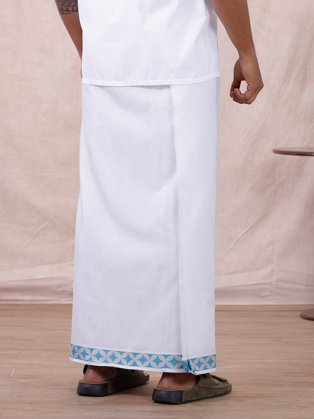 Men Premium Cotton Double Layer White Dhoti with Blue Fancy Jari Border Luxury Club LC17