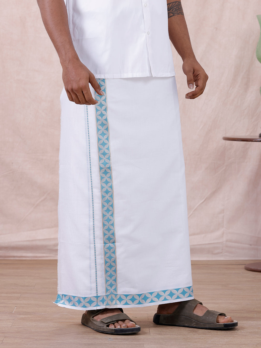 Men Premium Cotton Double Layer White Dhoti with Blue Fancy Jari Border Luxury Club LC17