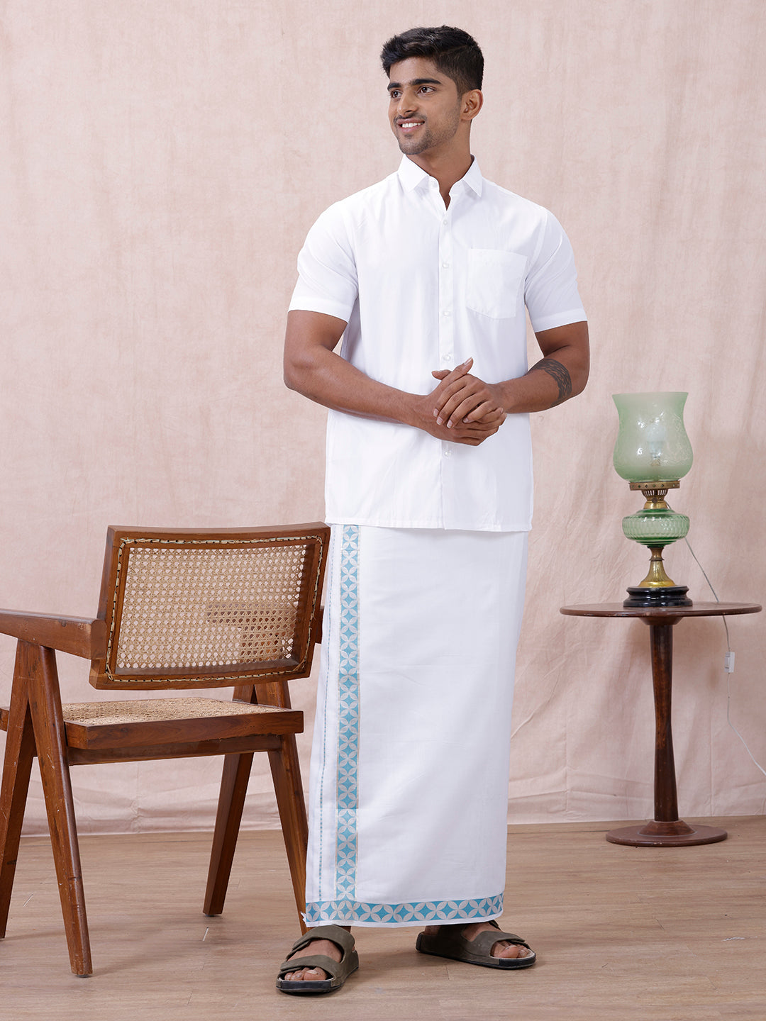 Men Premium Cotton Double Layer White Dhoti with Blue Fancy Jari Border Luxury Club LC17