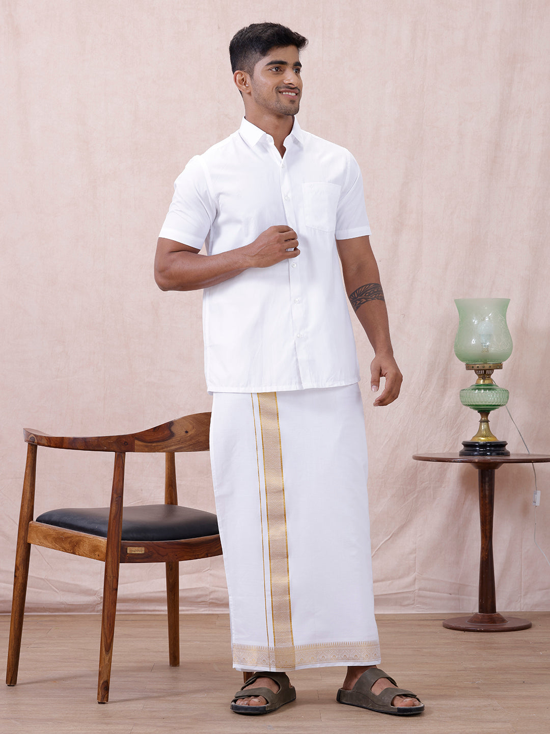 Men Cotton Blend Readymade Double Layer White Dhoti with Gold Jari Border GAA01