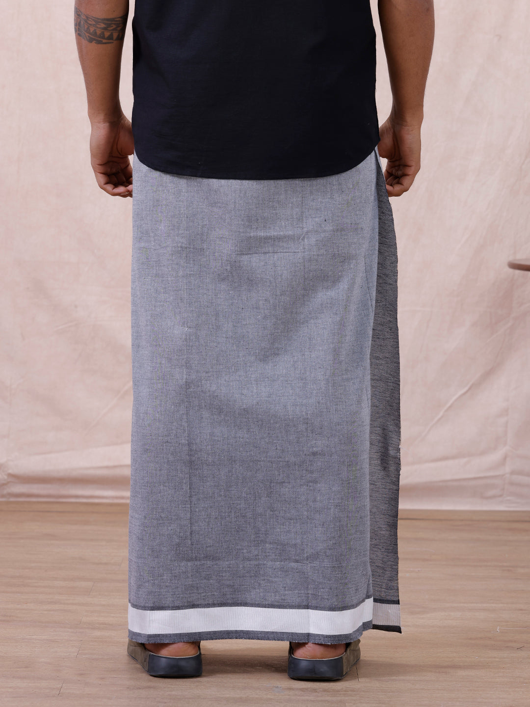Men Cotton Blend Single Layer Grey Dhoti with Fancy Border Nitro Plain 01