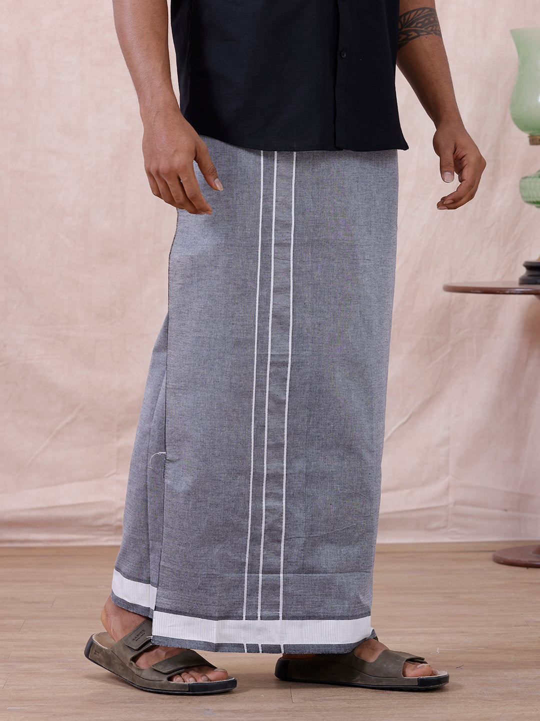Men Cotton Blend Single Layer Grey Dhoti with Fancy Border Nitro Plain 01