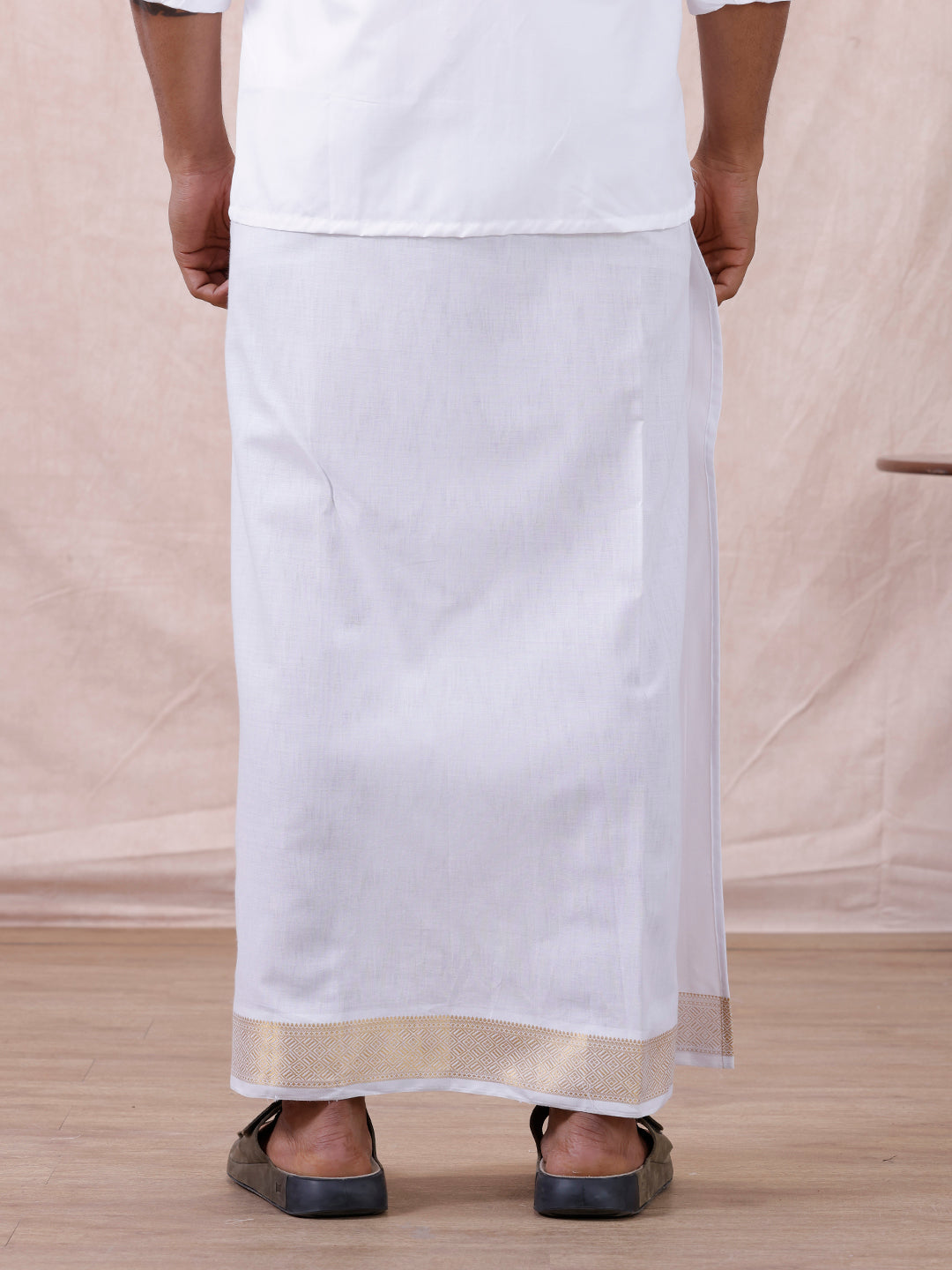 Men Cotton Blend Readymade Double Layer White Dhoti with Gold Jari Border GAA05