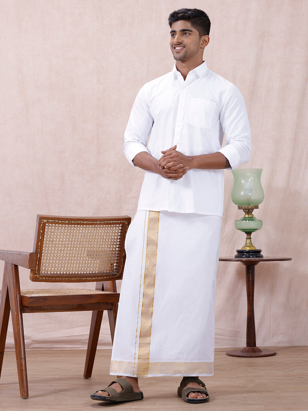 Men Cotton Blend Readymade Double Layer White Dhoti with Gold Jari Border GAA05