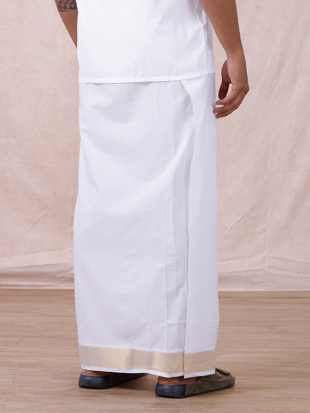 Men 100% Cotton Single Layer White Dhoti with Gold Jari Border Aura 297