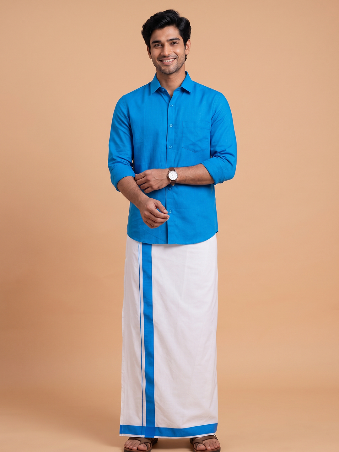 Single Layer 100% Cotton White Dhoti With Blue Border - YS04
