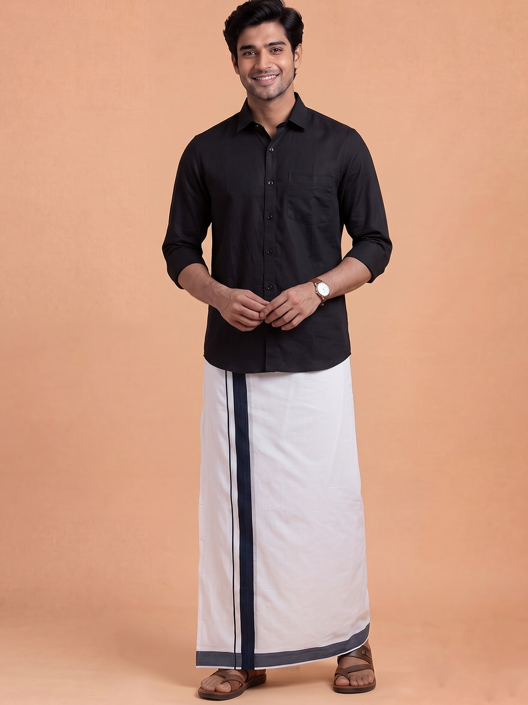 Double Layer 100% Cotton White Dhoti With Black Border - ADS01