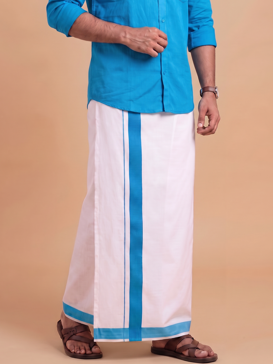 Single Layer 100% Cotton White Dhoti With Blue Border - YS05