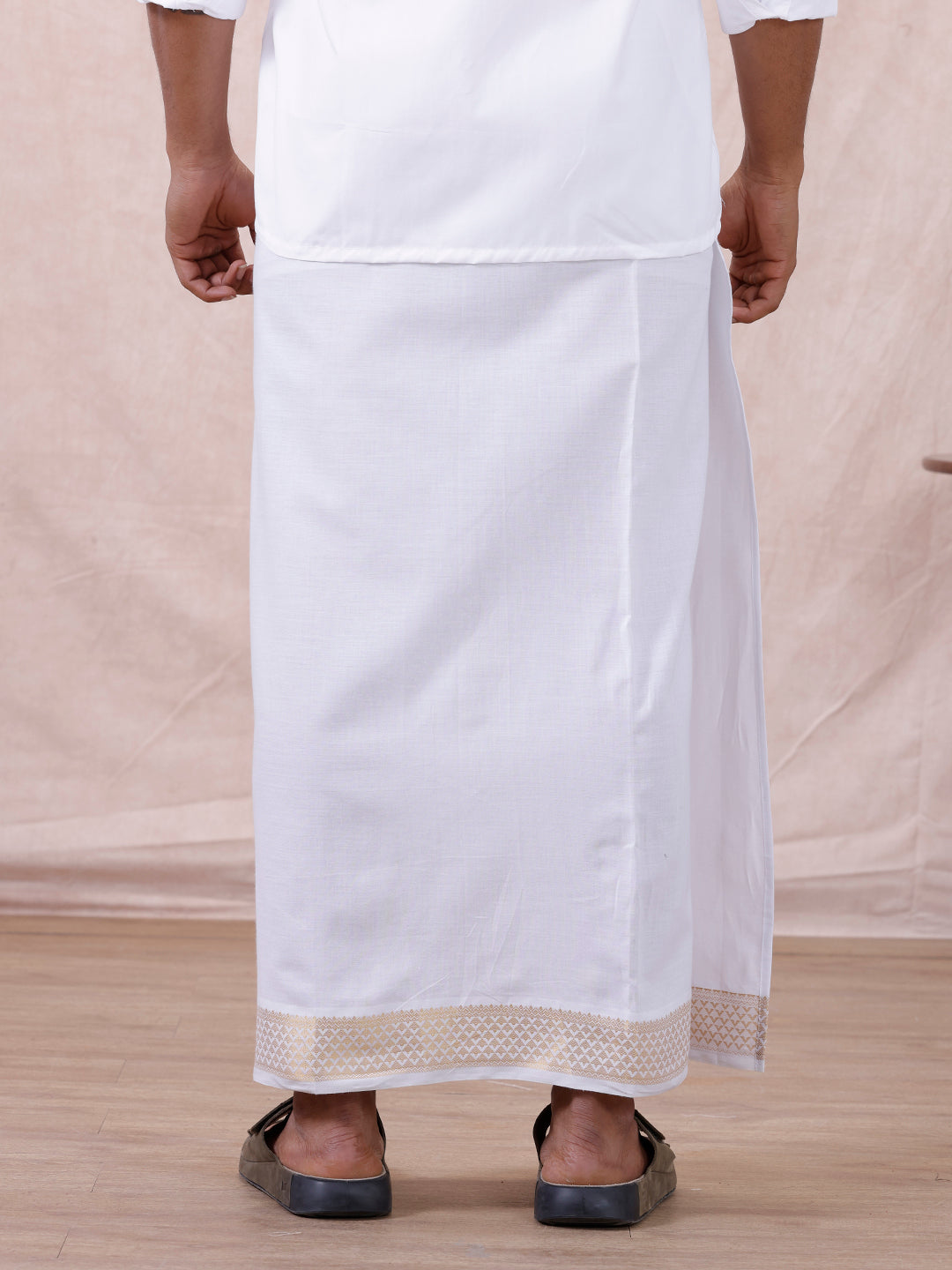 Men Cotton Blend Readymade Double Layer White Dhoti with Gold Jari Border GAA03
