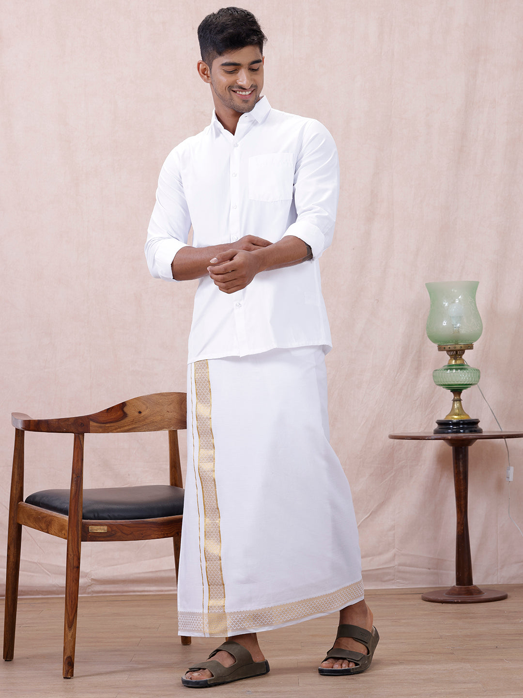 Men Cotton Blend Readymade Double Layer White Dhoti with Gold Jari Border GAA03