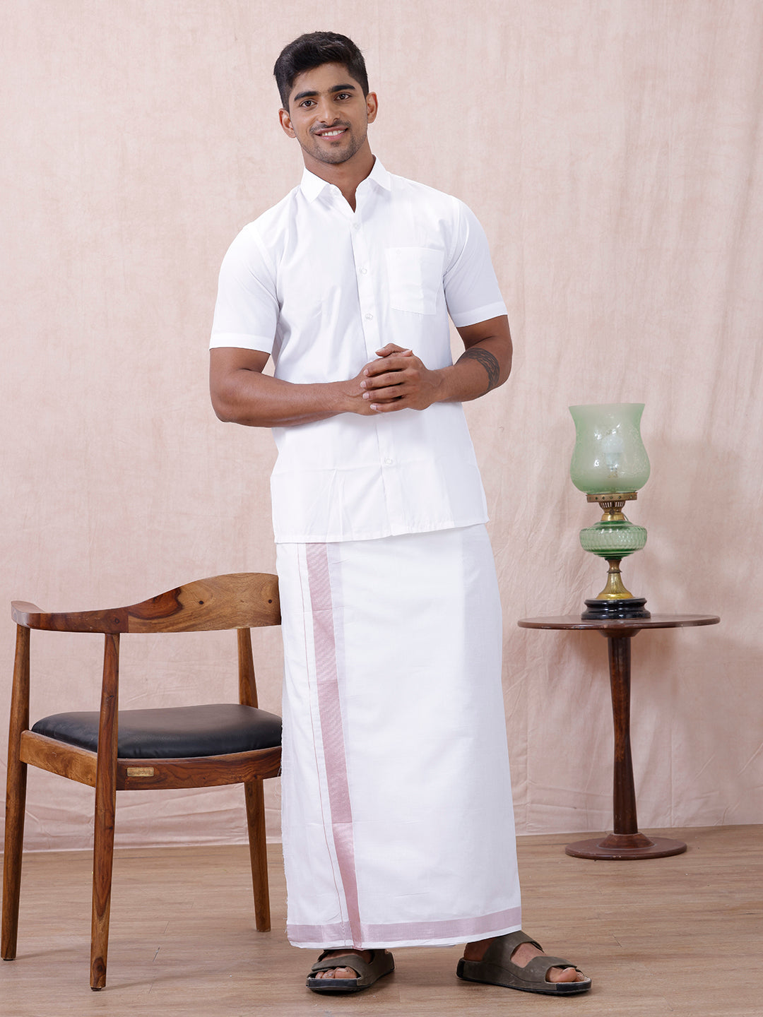 Men 100% Cotton Double Layer White Dhoti with Rose Gold Border