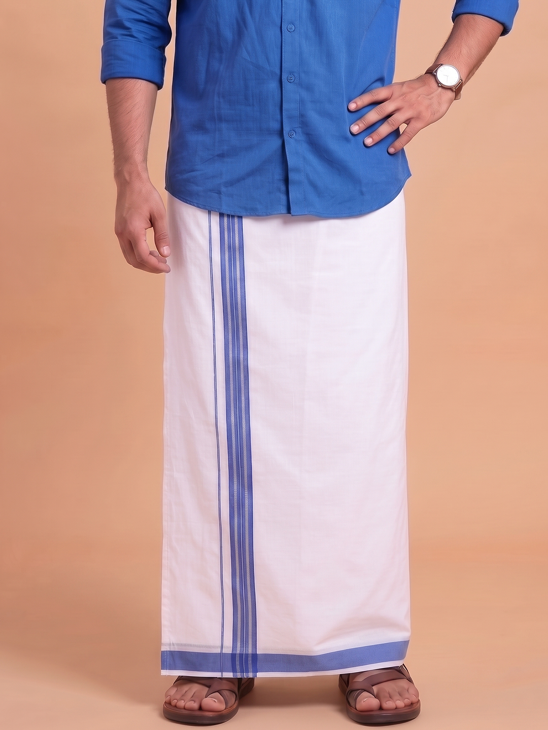 Single Layer 100% Cotton White Dhoti With Colour Jari Border YSF02