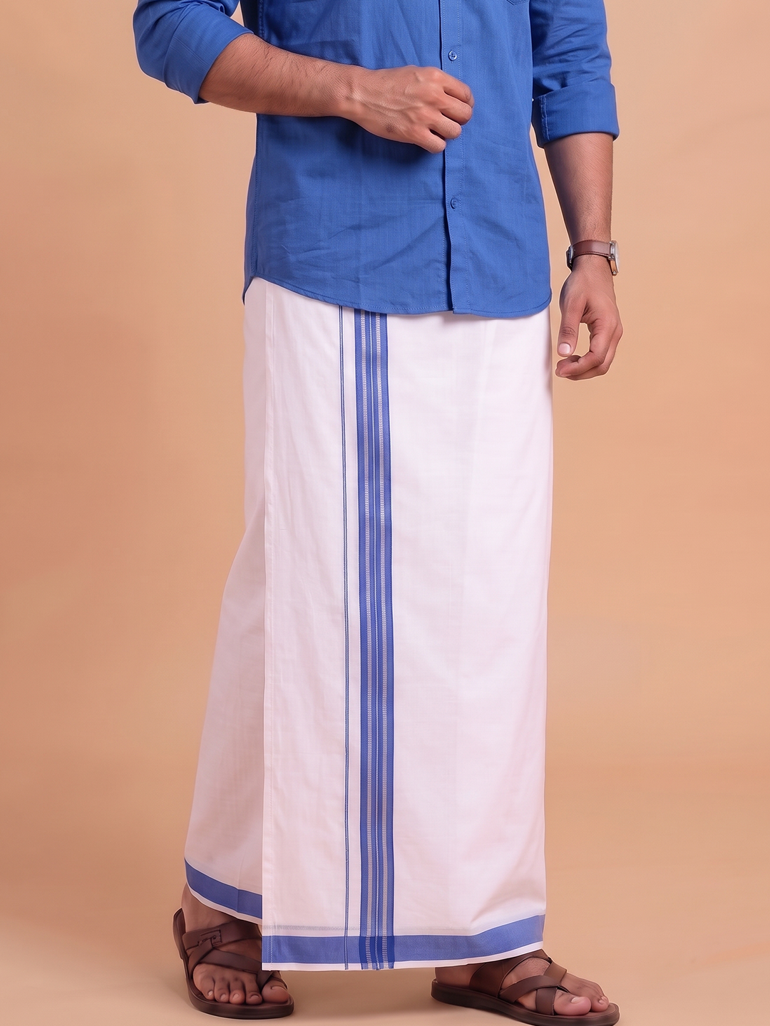 Single Layer 100% Cotton White Dhoti With Colour Jari Border YSF02