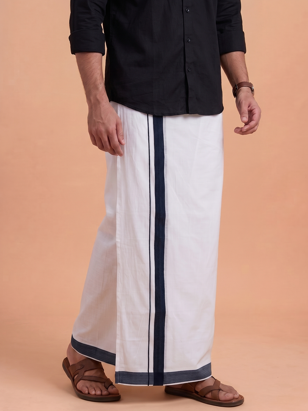 Double Layer 100% Cotton White Dhoti With Black Border - ADS01