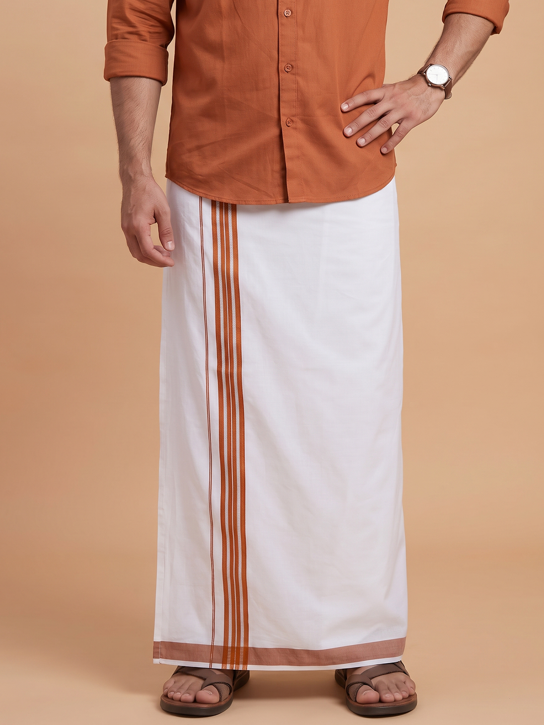 Single Layer 100% Cotton White Dhoti With Colour Jari Border YSF03