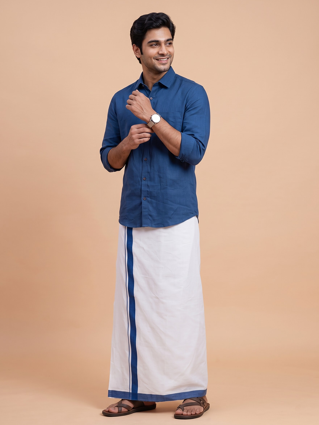Double Layer 100% Cotton White Dhoti With Blue Border - ADS03