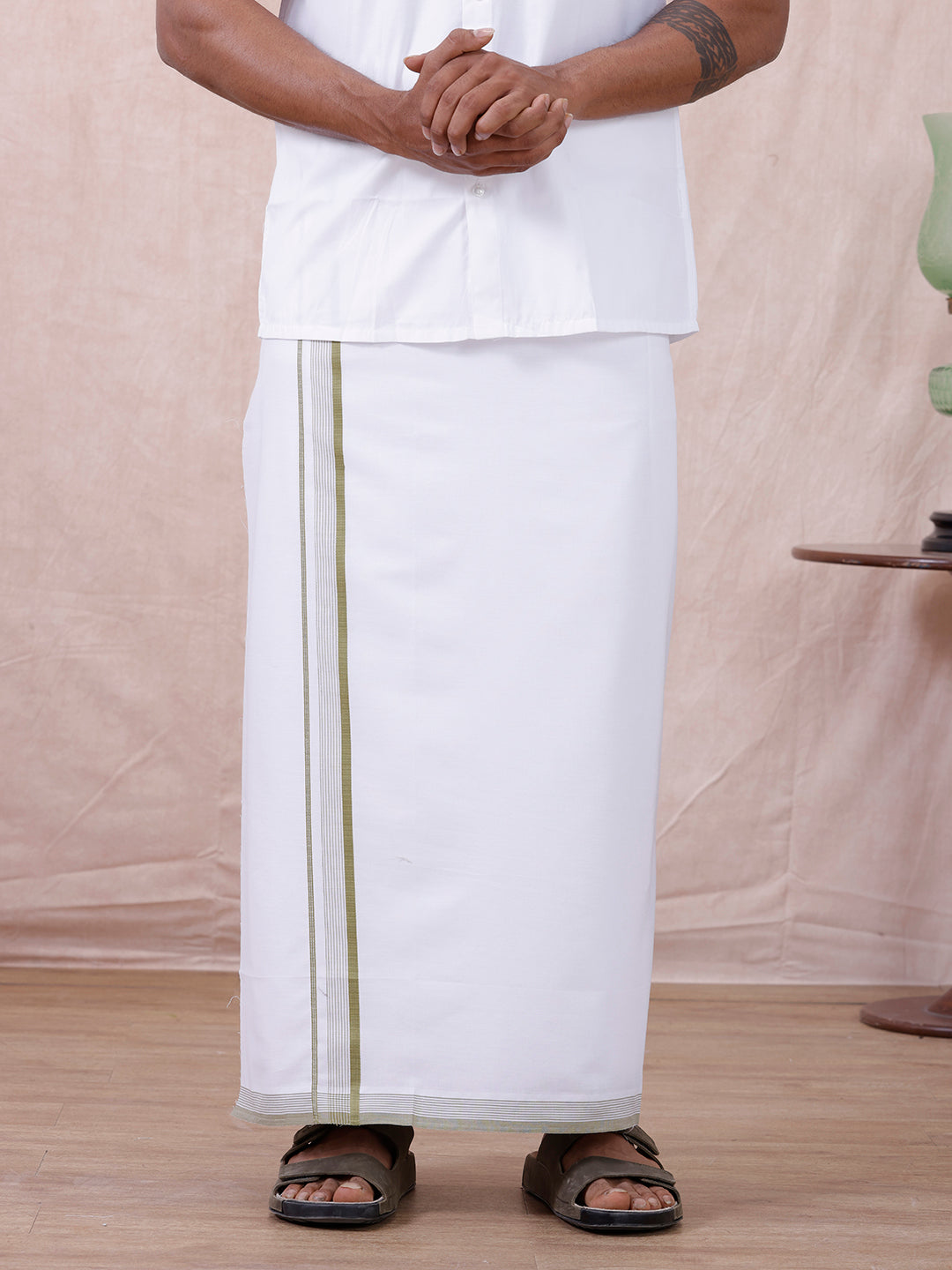 Men 100% Cotton Single Layer White Dhoti with Fancy Jari Border HW04