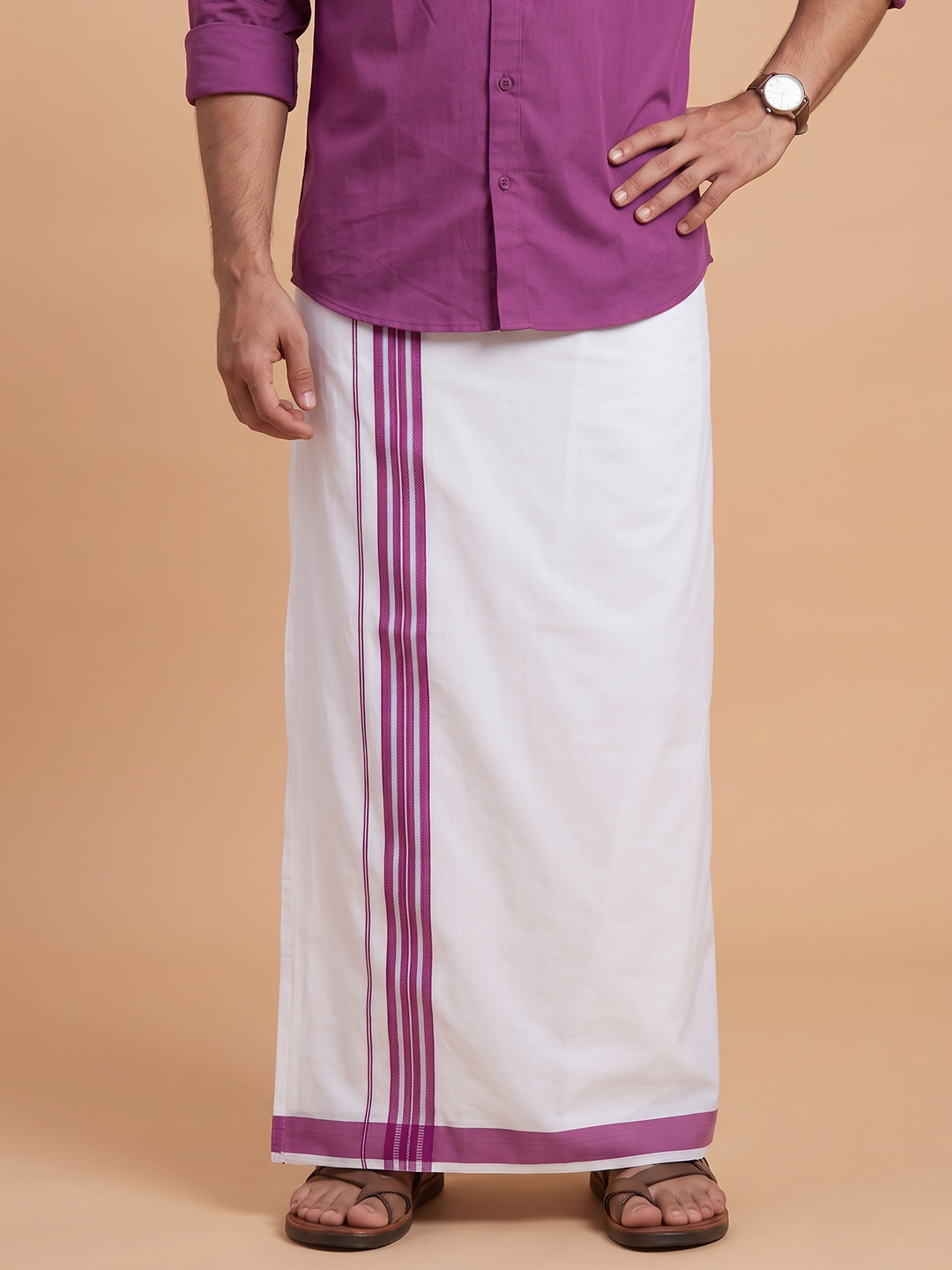 Single Layer 100% Cotton White Dhoti With Colour Jari Border YSF01