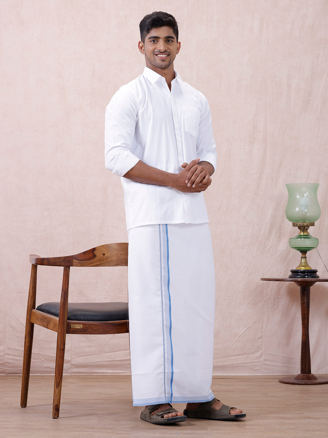 Men 100% Cotton Single Layer White Dhoti with Fancy Jari Border HW05