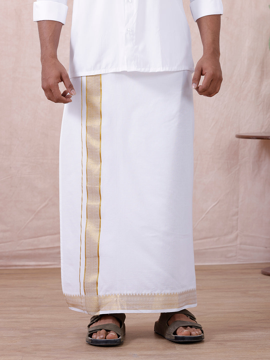 Men Cotton Blend Readymade Double Layer White Dhoti with Gold Jari Border GAA02