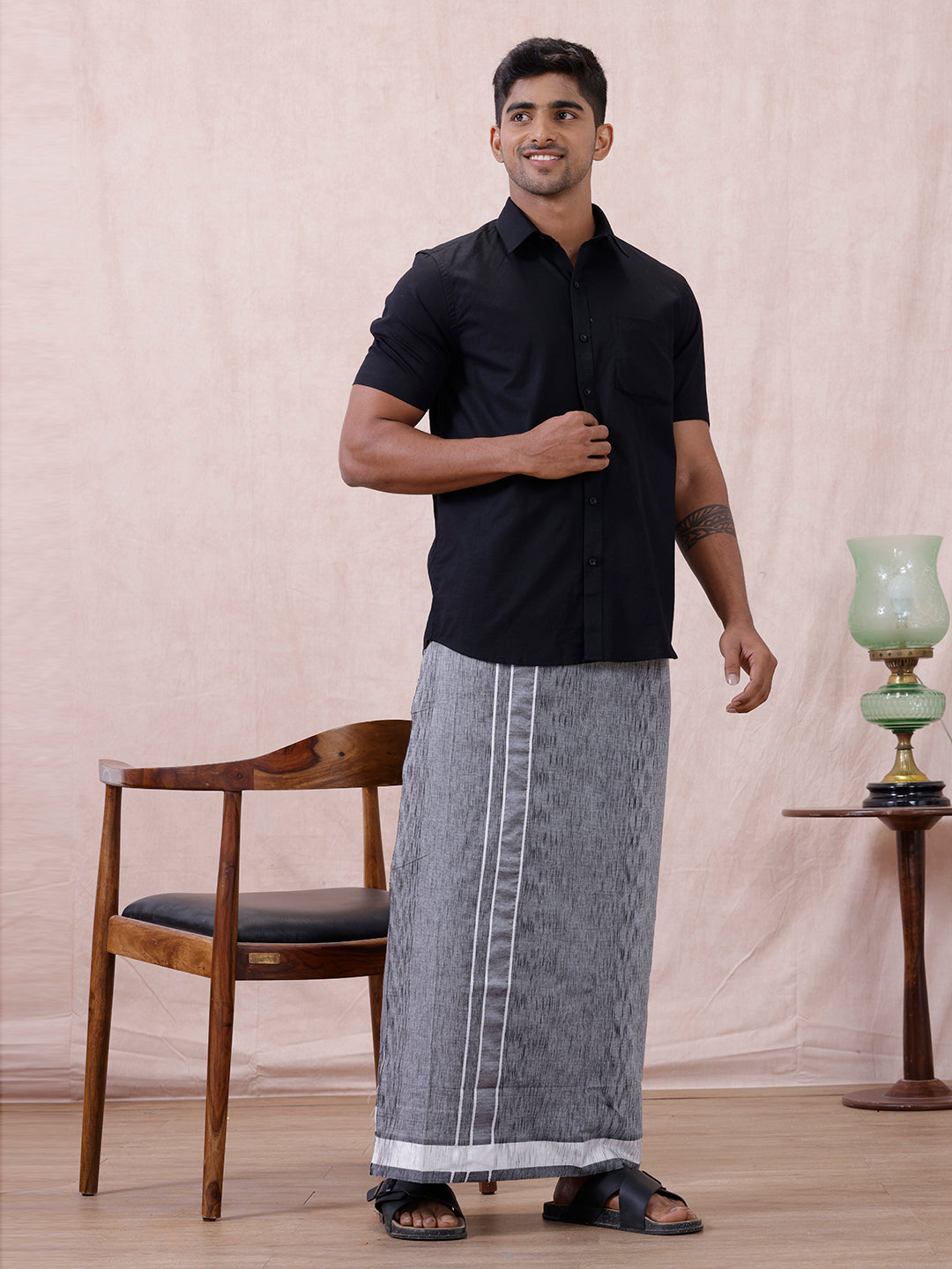 Men Cotton Blend Single Layer Grey Dhoti with Fancy Border Nitro Slub 01