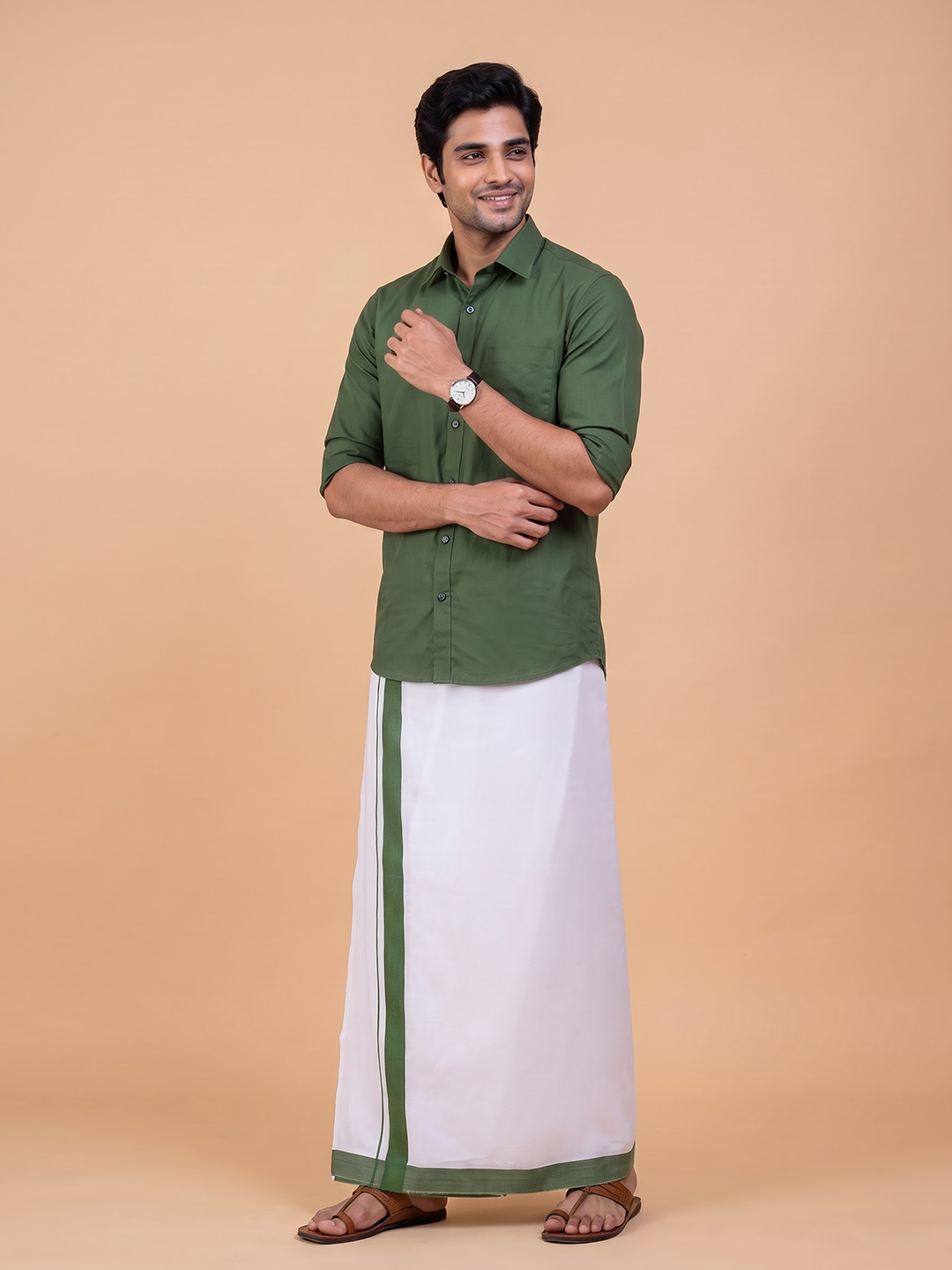 Double Layer 100% Cotton White Dhoti With Green Border - ADS04