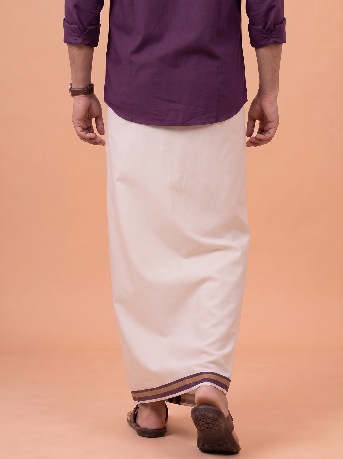 Double Layer Premium Handloom Cream Dhoti with Colour Border - HLM123