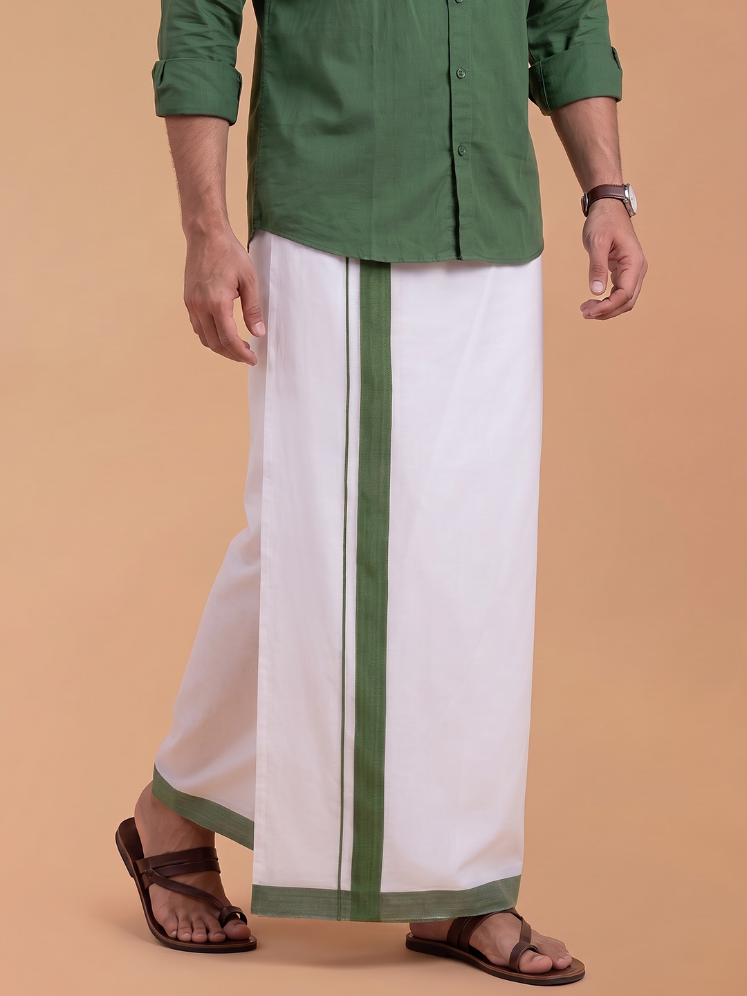 Double Layer 100% Cotton White Dhoti With Green Border - ADS04