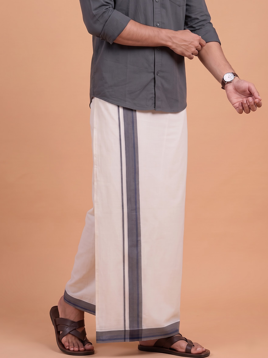 Double Layer Premium Handloom Cream Dhoti With Colour Border - HLM125