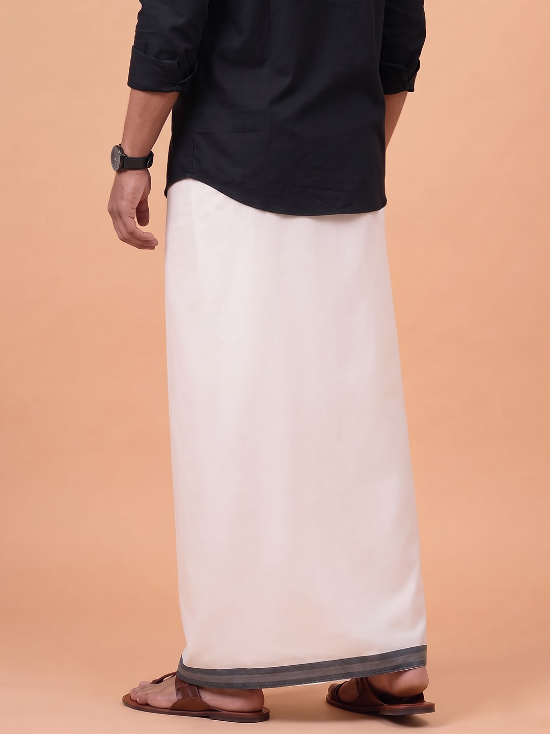 Double Layer Premium Handloom Cream Dhoti With Colour Border - HLM124