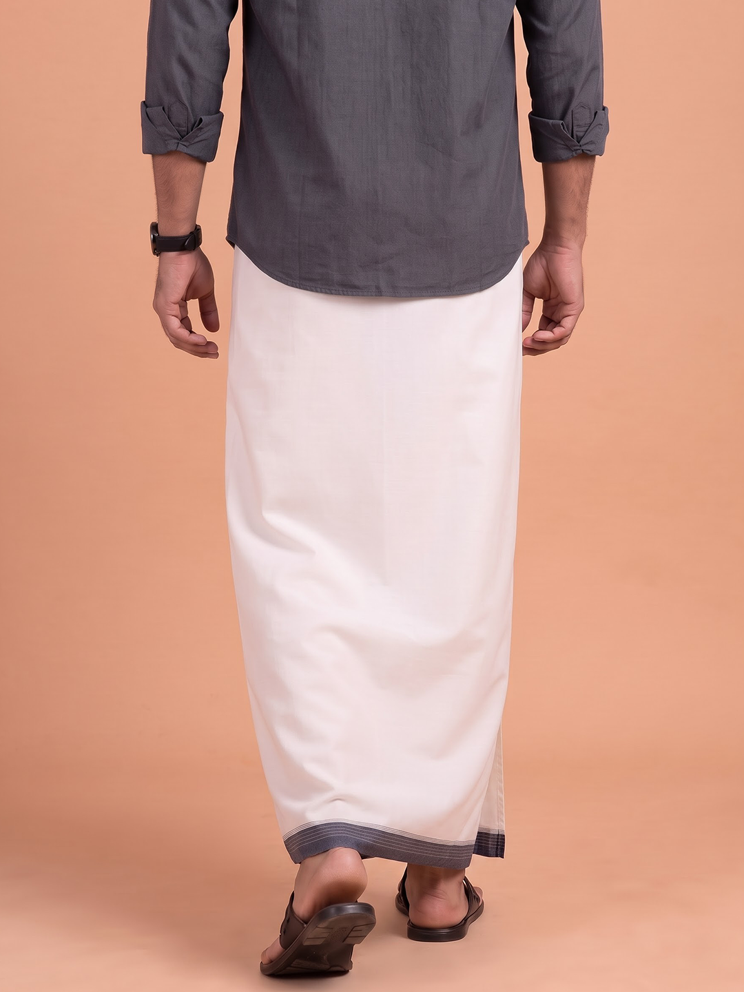 Double Layer Premium Handloom Cream Dhoti With Colour Border - HLM126