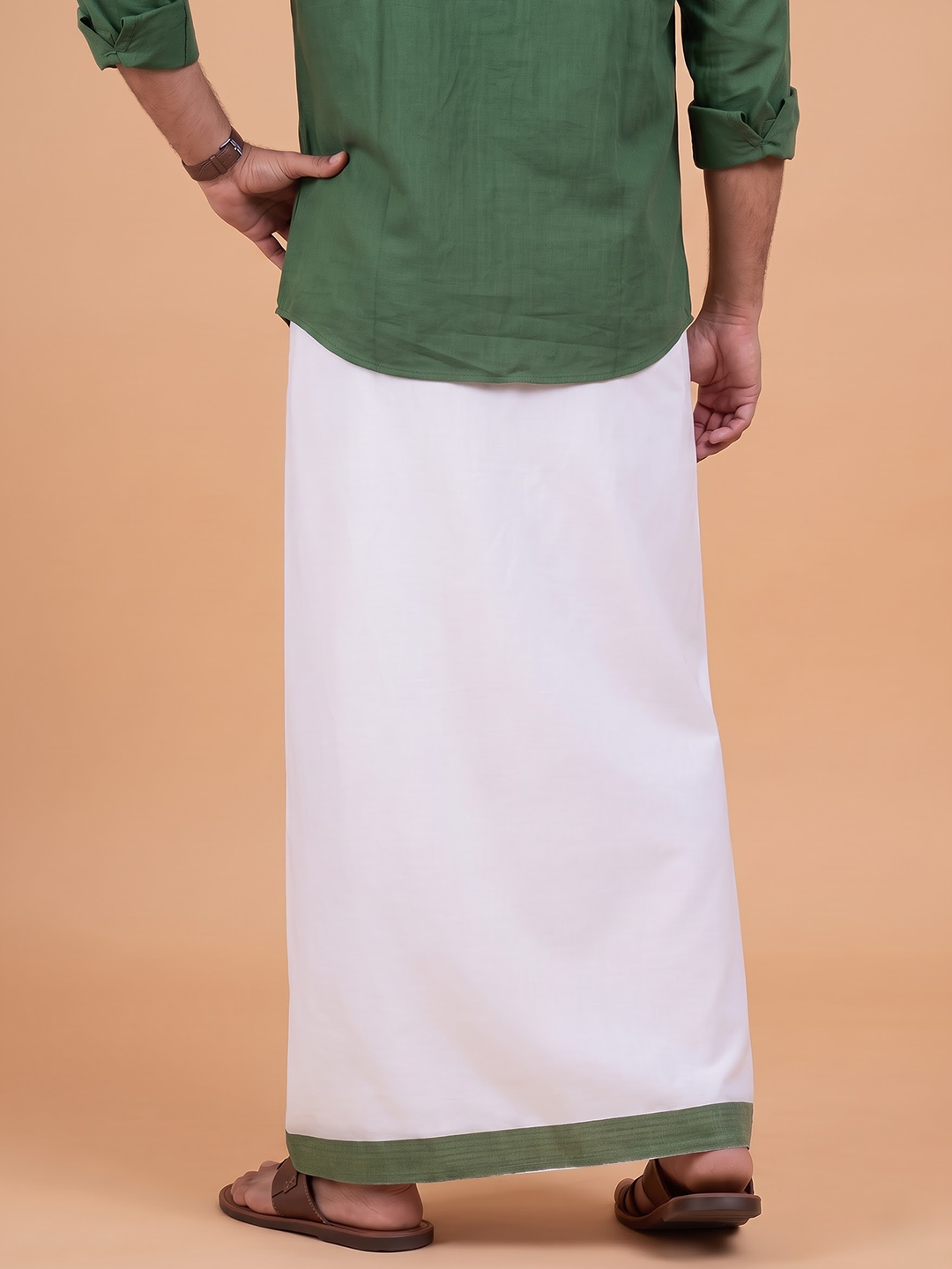 Double Layer 100% Cotton White Dhoti With Green Border - ADS04