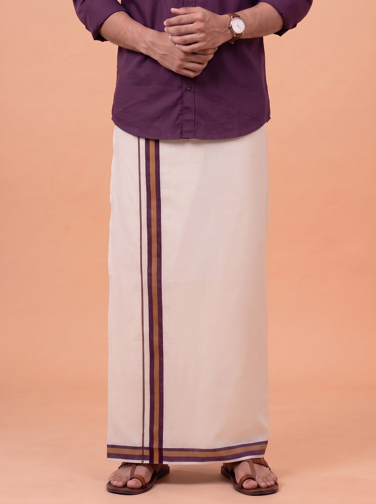 Double Layer Premium Handloom Cream Dhoti with Colour Border - HLM123