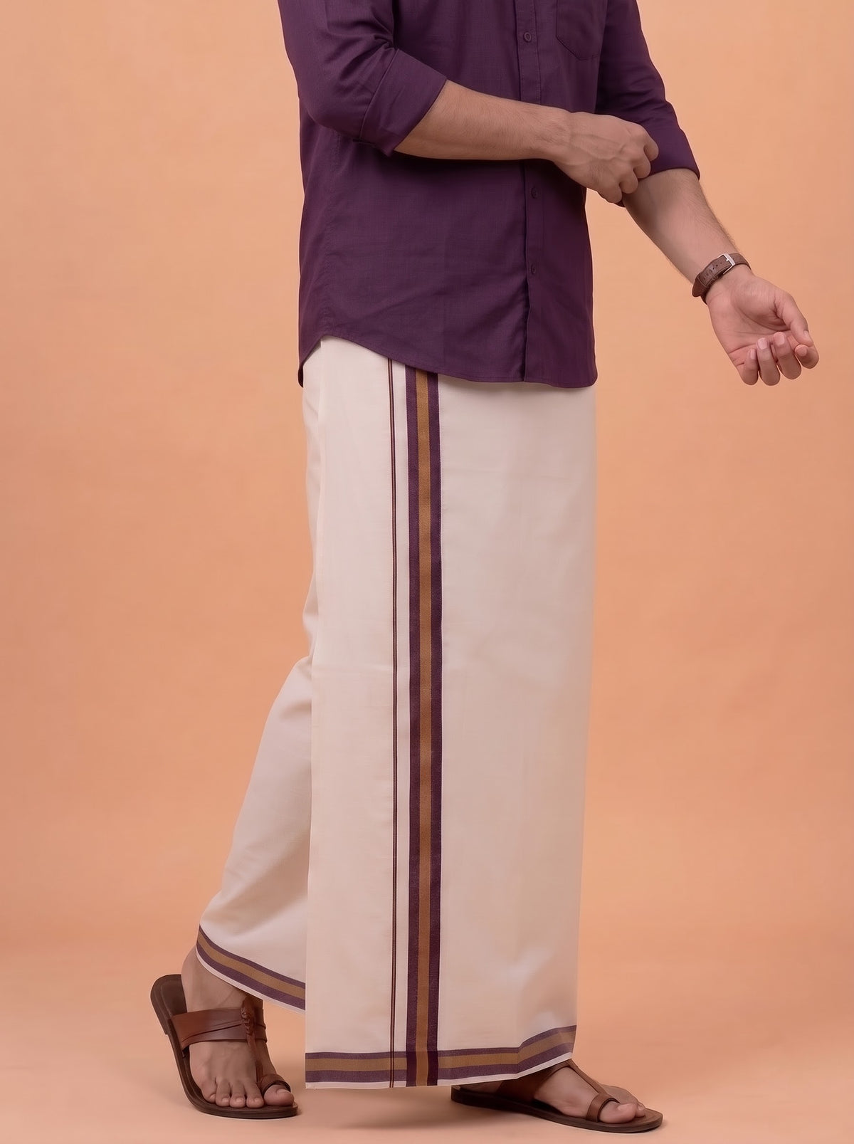 Double Layer Premium Handloom Cream Dhoti with Colour Border - HLM123